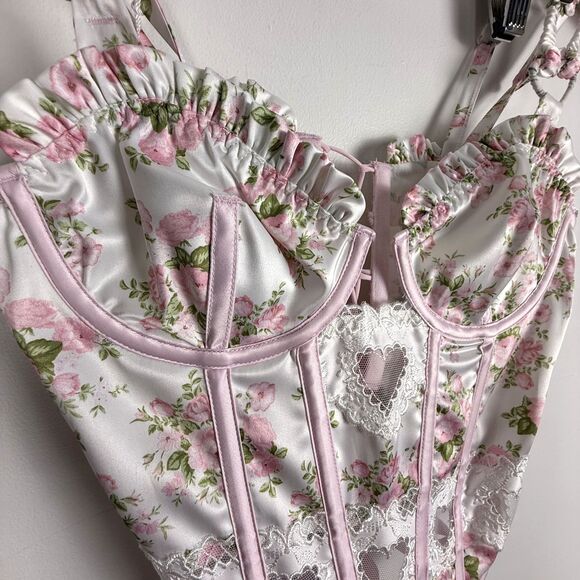 For Love & Lemons Naima Bustier Corset Top – Pink Floral Lace-Up Ribbon Tie - Picture 4 of 12